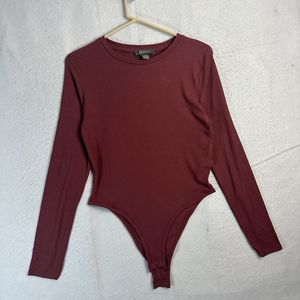 Primark Women's Bodysuit Large Burgandy Long Sleeve Button Closure Crew Neck